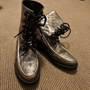 Free People gold distressed leather wedge booties.